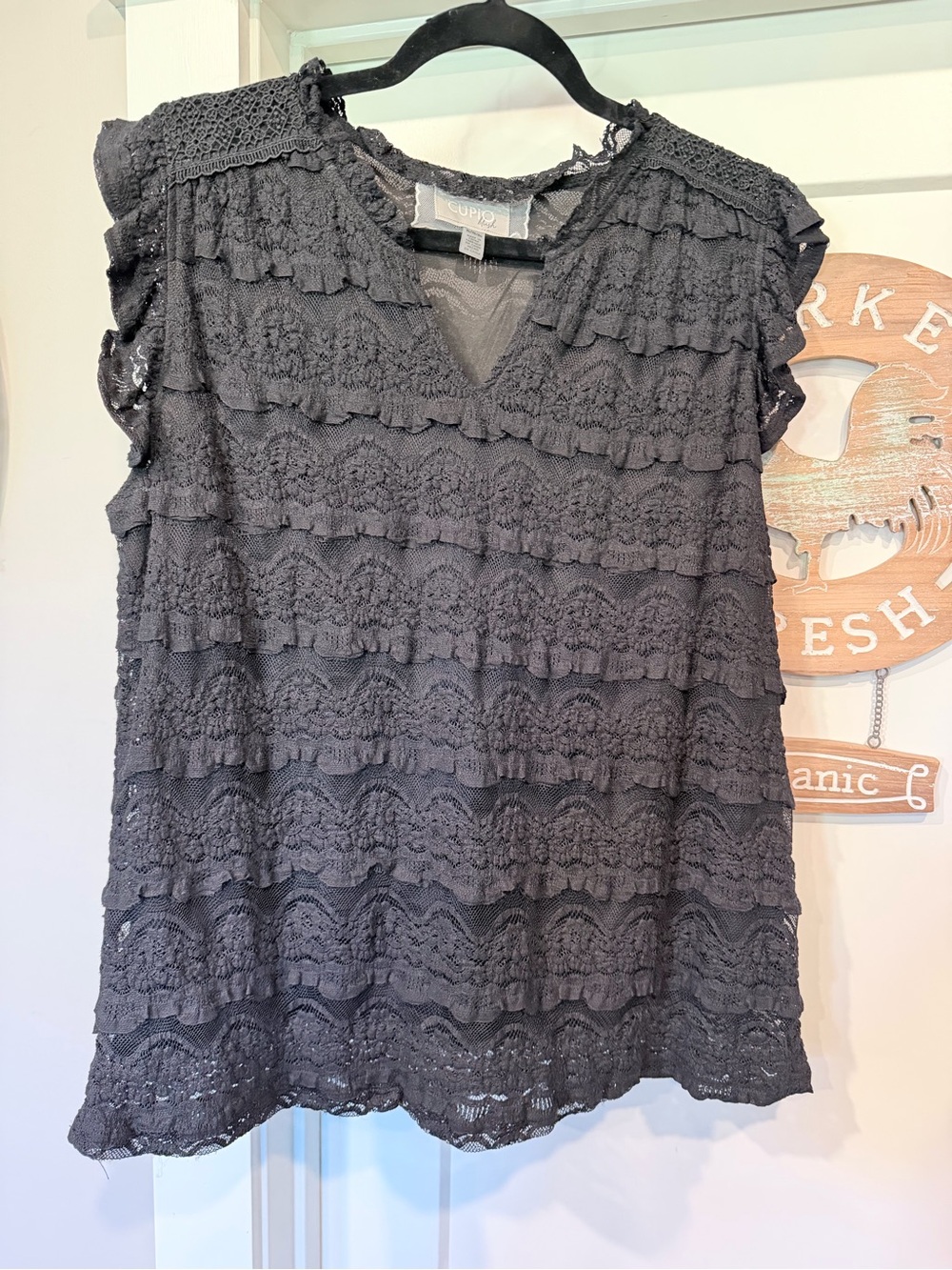 Cupio Blush Black Lace Ruffle V-Neck Women's Top size XL